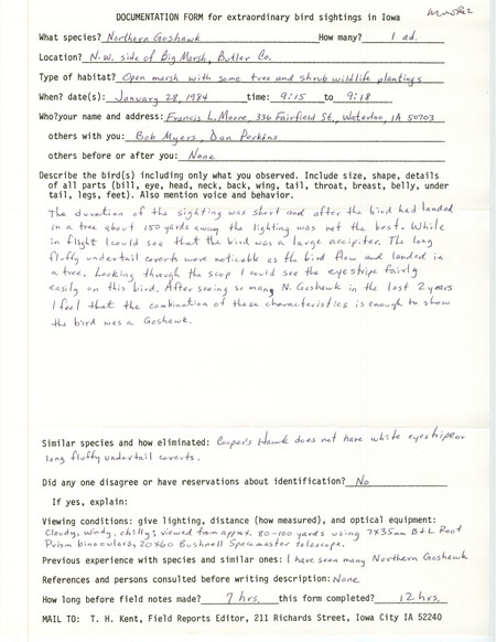Rare bird documentation form for a Northern Goshawk at Big March in Butler County, IA on January 28, 1984.