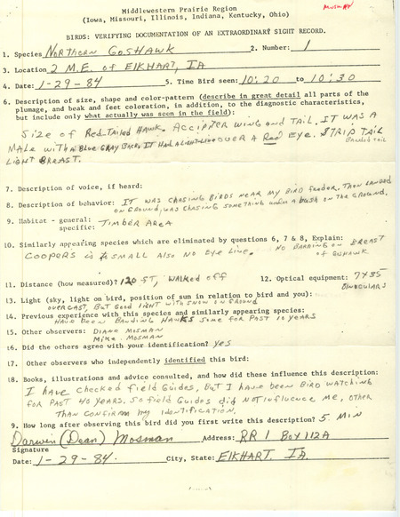 Rare bird documentation form for a Northern Goshawk at Elkhart in Polk County, IA on January 29, 1984.
