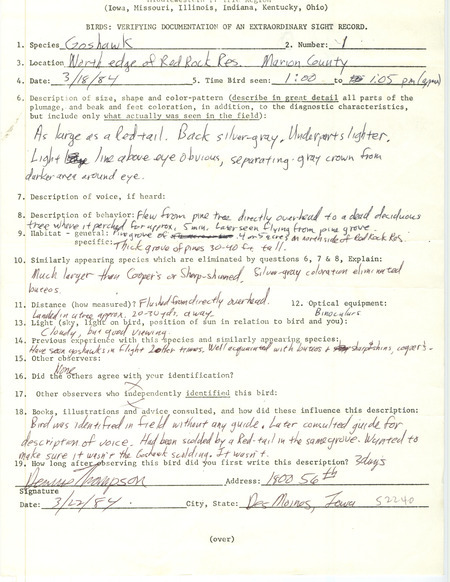 Rare bird documentation form for a Northern Goshawk at Red Rock Reservoir in Marion County, IA on March 18, 1984.