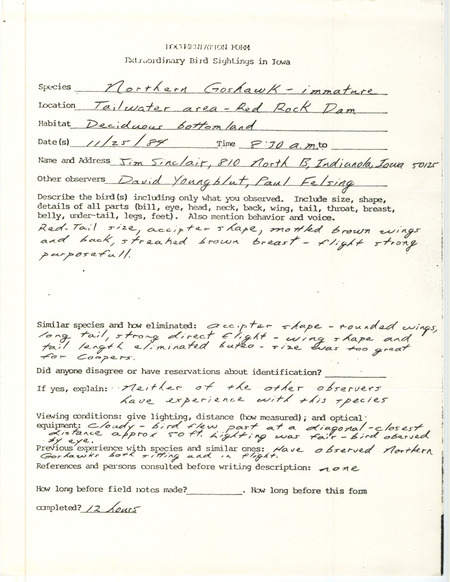 Rare bird documentation form for a Northern Goshawk at Red Rock Dam in Marion County, IA on November 25, 1984.