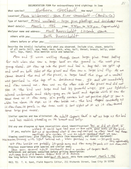 Rare bird documentation form for a Northern Goshawk at Mann Wilderness in Hardin County, IA on March 1, 1986.