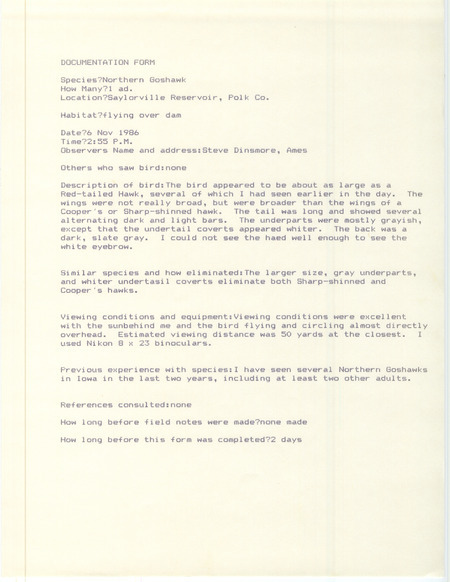 Rare bird documentation form for a Northern Goshawk at Saylorville Reservoir in Polk County, IA on November 6, 1986.