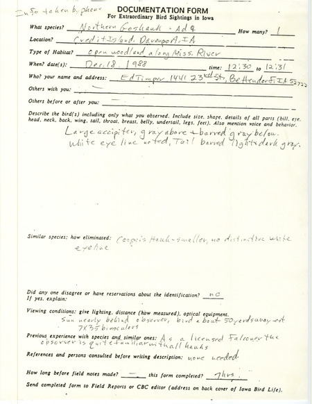 Rare bird documentation form for a Northern Goshawk at Credit Island in Davenport in Scott County, IA on December 18, 1988.