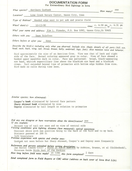 Rare bird documentation form for a Northern Goshawk at Lime Creek Nature Center in Mason City in Cerro Gordo County, IA on October 13, 1990.