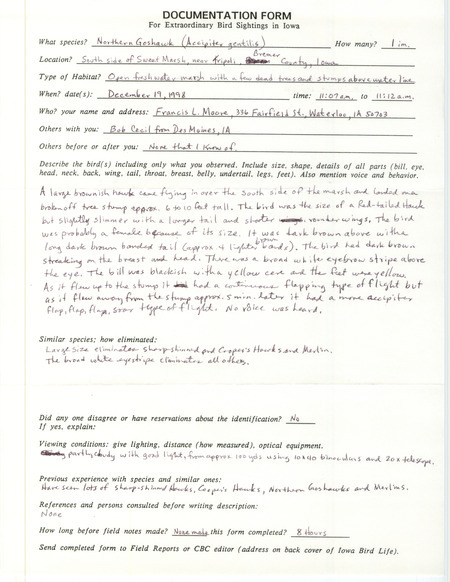 Rare bird documentation form for a Northern Goshawk at Sweet March in Bremer County, IA on December 19, 1998.
