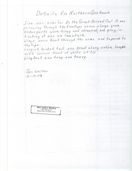 Field notes written by Janice Walter detailing the sighting of a Northern Goshawk dated December 19, 1998.