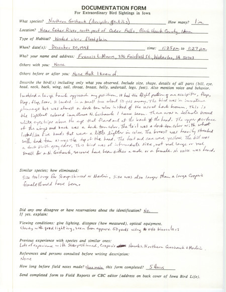 Rare bird documentation form for a Northern Goshawk at Cedar Falls in Black Hawk County, IA on December 20, 1998.