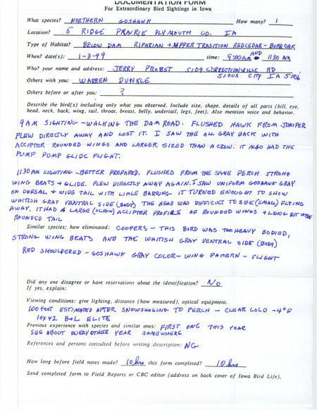 Rare bird documentation form for a Northern Goshawk at Five Ridge Prairie State Park in Plymouth County, IA on January 3, 1999.