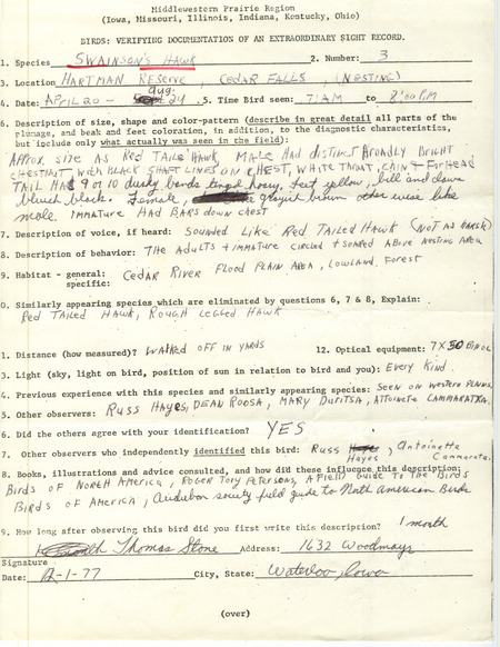 Rare bird documentation form for three Swainson's Hawks at Hartman Reserve in Cedar Falls in Black Hawk County, IA on April 20, 1977.