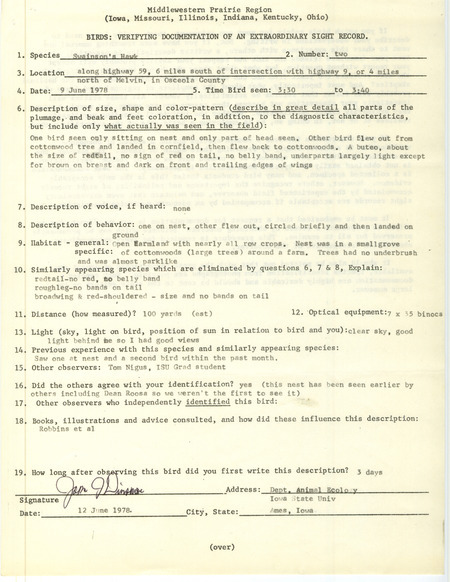 Rare bird documentation form for two Swainson's Hawks near Melvin in Osceola County, IA on June 9, 1978.