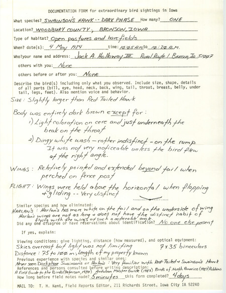 Rare bird documentation form for a Swainson's Hawk at Bronson in Woodbury County, IA on May 4, 1984.