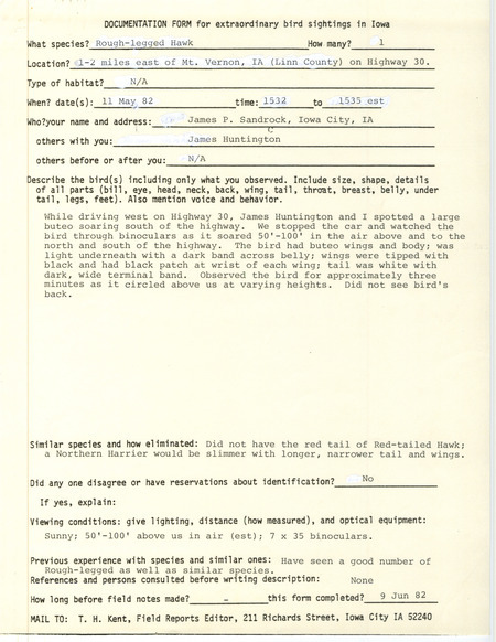 Rare bird documentation form for a Rough-legged Hawk east of Mount Vernon in Linn County, IA on May 11, 1982.
