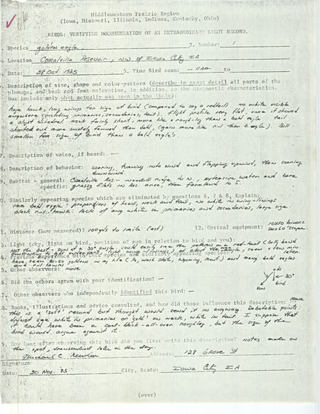 Rare bird documentation form for a Golden Eagle at Coralville Reservoir in Johnson County, IA on October 28, 1975.