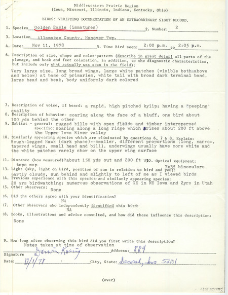 Rare bird documentation form for two Golden Eagles at Hanover Township in Allamakee County, IA on November 11, 1978.