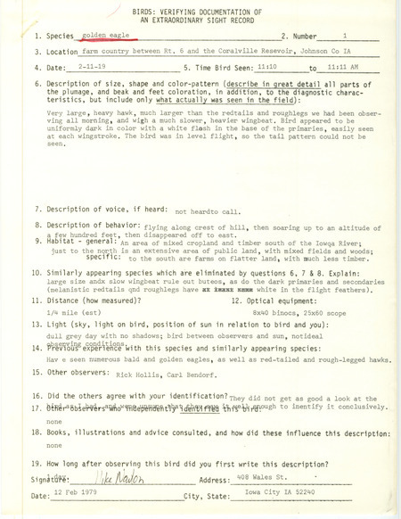 Rare bird documentation form for a Golden Eagle at Coralville Reservoir in Johnson County, IA on February 11, 1979.