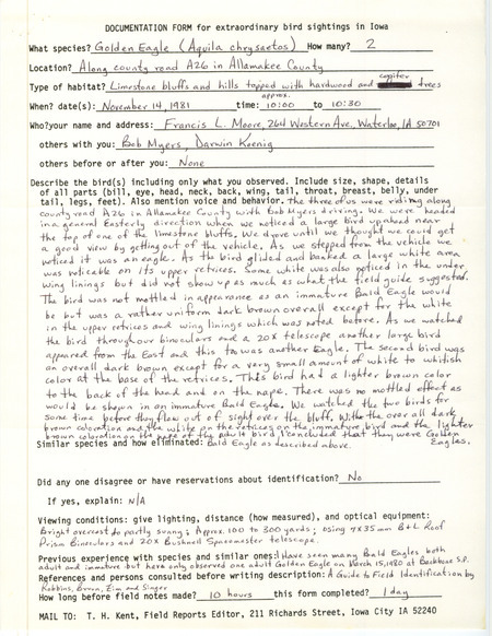 Rare bird documentation form for two Golden Eagles along county road A26 in Allamakee County, IA on November 14, 1981.