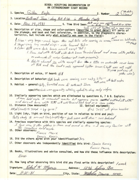 Rare bird documentation form for two Golden Eagles along Highway A-26 in Allamakee County, IA on November 14, 1981.