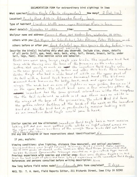 Rare bird documentation form for two Golden Eagles on County Road A26 in Allamakee County, IA on November 21, 1982.