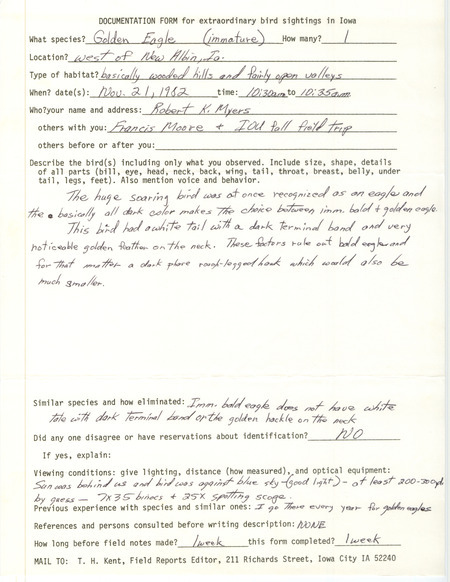 Rare bird documentation form for a Golden Eagle west of New Albin in Allamakee County, IA on November 21, 1982.