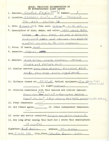 Rare bird documentation form for a Golden Eagle at Pilot Township in Cherokee County, IA on March 5, 1983.