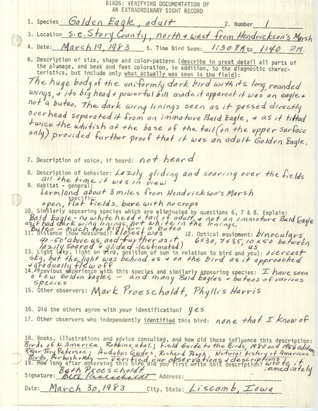 Rare bird documentation form for a Golden Eagle north and west of Hendrickson's March in Story County, IA on March 19, 1983.