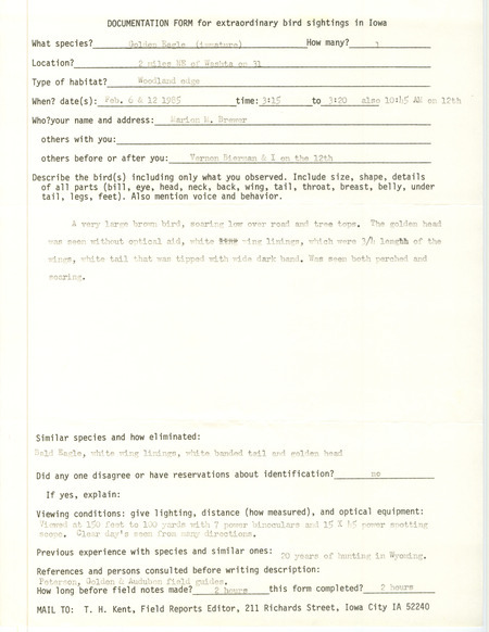 Rare bird documentation form for a Golden Eagle northeast of Washta in Cherokee County, IA on February 6 and 12, 1985.