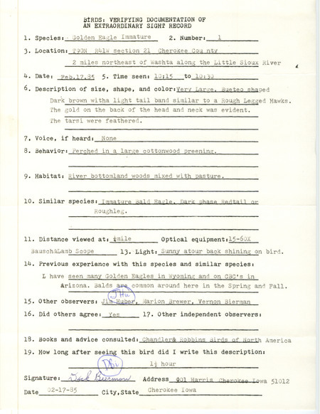 Rare bird documentation form for a Golden Eagle near Washta on the Little Sioux River in Cherokee County, IA on February 17, 1985.