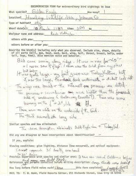 Rare bird documentation form for a Golden Eagle at Hawkeye Wildlife Area in Johnson County, IA on March 10, 1985.