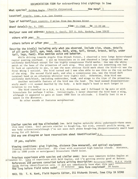 Rare bird documentation form for a Golden Eagle at Argyle in Lee County, IA on April 6, 1985.