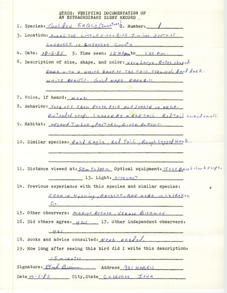 Rare bird documentation form for a Golden Eagle on the Little Sioux River south of Cherokee in Cherokee County, IA on October 5, 1985.