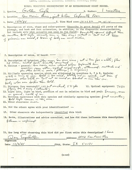 Rare bird documentation form for a Golden Eagle over the Des Moines River near Saylorville Dam in Polk County, IA on December 4, 1985.