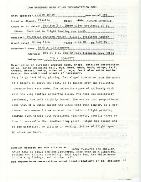 Rare bird documentation form for a Golden Eagle near St. Lucas in Fayette County, IA on May 28, 1986.