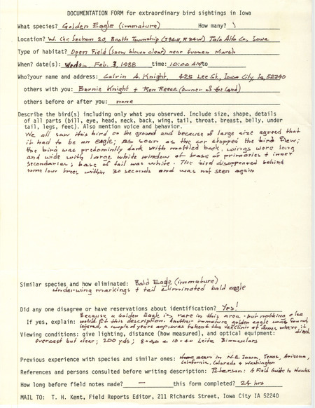 Rare bird documentation form for a Golden Eagle at Booth Township in Palo Alto County, IA on February 3, 1988.