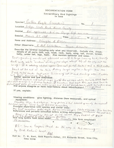 Rare bird documentation form for a Golden Eagle at Ledges State Park in Boone County, IA on March 25, 1988.