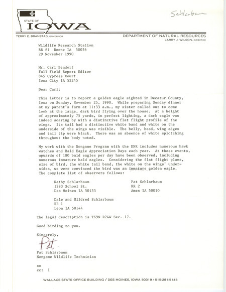 Rare bird documentation form for a Golden Eagle in Decatur County, IA on November 25, 1990.