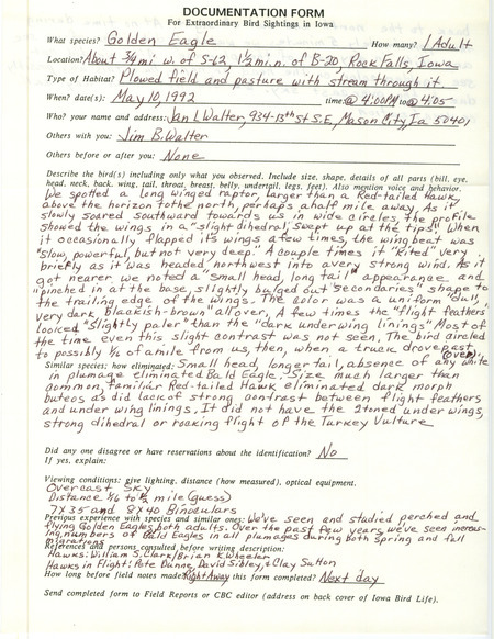 Rare bird documentation form for a Golden Eagle at Rock Falls in Cerro Gordo County, IA on May 10, 1992.