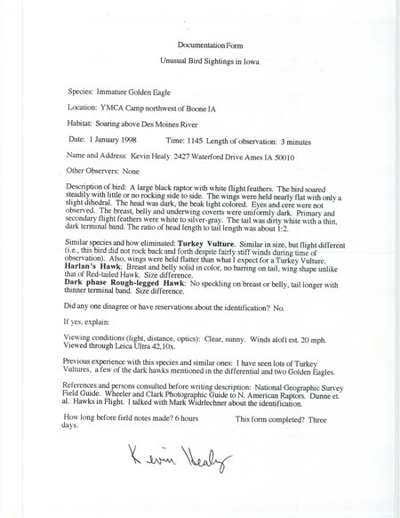 Rare bird documentation form for a Golden Eagle at YMCA Camp northwest of Boone in Boone County, IA on January 1, 1998.