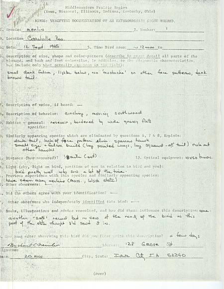 Rare bird documentation form for a Merlin at Coralville Reservoir in Johnson County, IA on September 12, 1975.