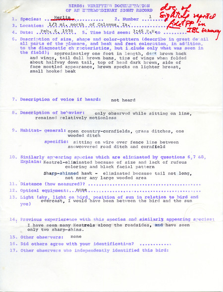 Rare bird documentation for a Merlin at Calamus in Clinton County, IA on February 6, 1978.
