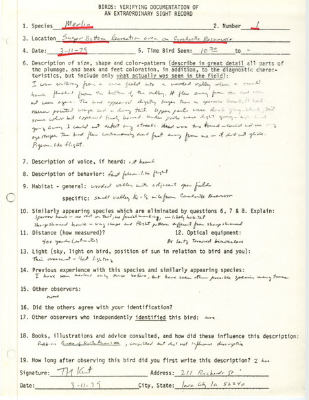 Rare bird documentation form for a Merlin at Sugar Bottom Recreation Area at Coralville Reservoir in Johnson County, IA on March 11, 1979.