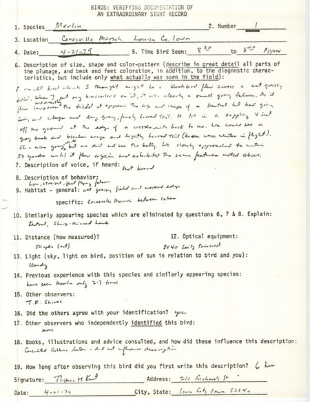 Rare bird documentation form for a Merlin at Cone Marsh Wildlife Area in Louisa County, IA on April 21, 1979.