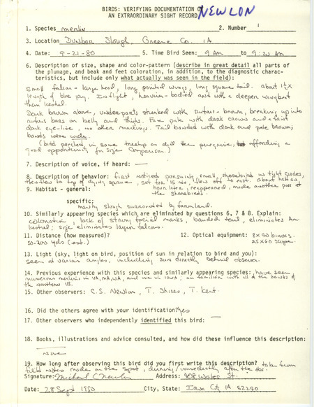 Rare bird documentation form for a Merlin at Dunbar Slough in Greene County, IA on September 21, 1980.