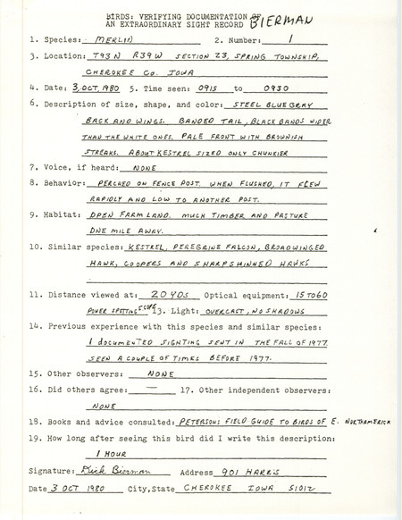 Rare bird documentation form for a Merlin at Spring Township in Cherokee County, IA on October 3, 1980.
