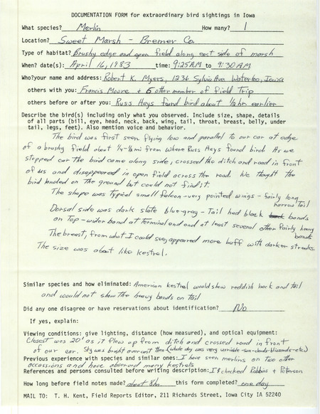 Rare bird documentation form for a Merlin at Sweet March in Bremer County, IA on April 16, 1983.