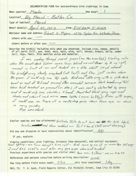 Rare bird documentation form for a Merlin at Big March in Butler County, IA on April 29, 1983.