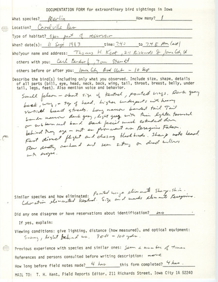 Rare bird documentation form for a Merlin at Coralville Reservoir in Johnson County, IA on September 11, 1983.