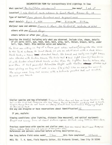 Rare bird documentation form for a Merlin east of Sweet March in Bremer County, IA on April 7, 1984.