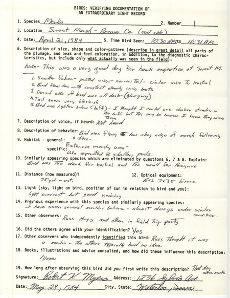 Rare bird documentation form for a Merlin at Sweet March in Bremer County, IA on April 21, 1984.