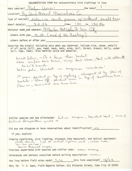 Rare bird documentation form for a Merlin at Big Sand Mound in Muscatine County, IA on September 8, 1984.