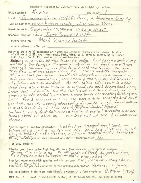 Rare bird documentation form for a Merlin at Grammer Grove Wildlife Area in Marshall County, IA on September 22, 1984.